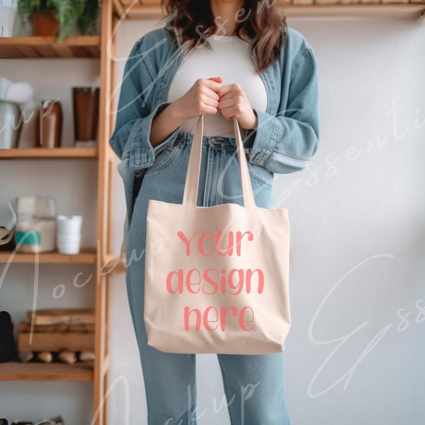 Cotton Tote Bag Mockup, Aesthetic Model Mockup, Natural Tote Mock, Canvas Tote Bag Mockup, Cute Shopping Bag Mock, Print on Demand Printify