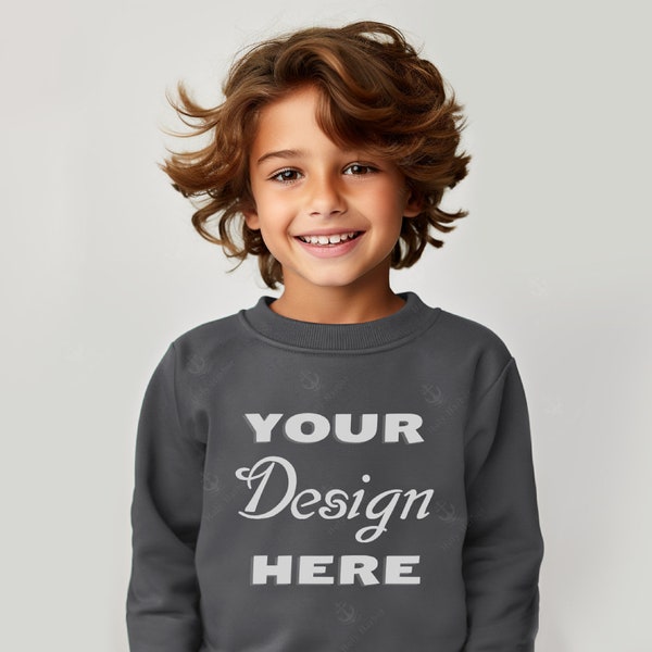 Sweatshirt Mockup Kids Dark Heather Gildan 18000B Youth Mockup Dark Gray Sweatshirt Mockup POD Mockup Print on Demand Mockup Crewneck Mockup