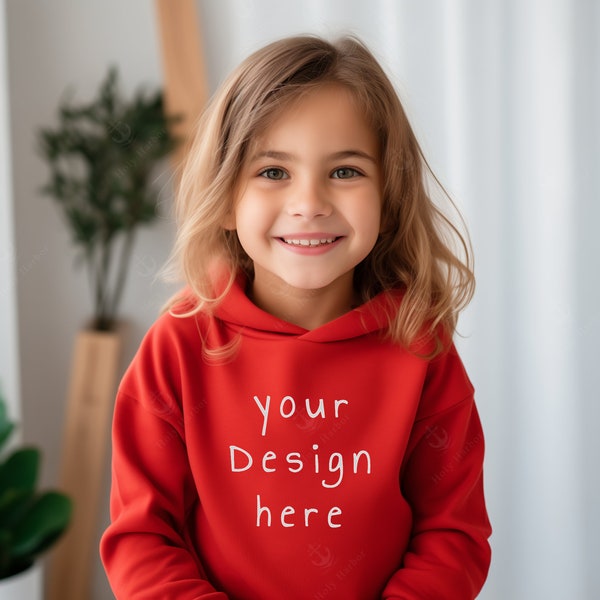 Kids Rabbit Skins 3326 Mockup Red Kids Christmas Hooded Sweatshirt Mockup Print on Demand Mockup Christmas Mockup Youth Red Hoodie Mockup