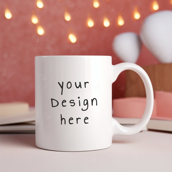 Coffee Mug Mockup Romance theme Mockup Coffee Cup Mockup Minimalist Gift Mockup Holiday mockup Love theme Valentines Day MockUp Fairy Light