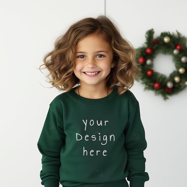 Sweatshirt Mockup Kids Dark Green Gildan 18000B Youth Mockup Girls Forest Green Sweatshirt Mockup Fall Mockup Bella Canvas Crewneck Mockups