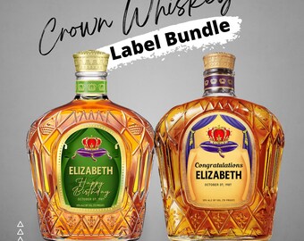 May include: Two personalized Crown Royal whiskey bottles with labels. One label says "Happy Birthday Elizabeth" and the other says "Congratulations Elizabeth".