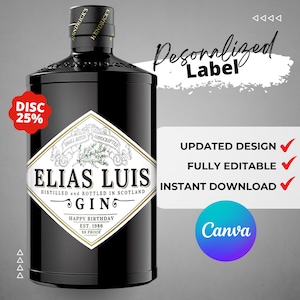 Pode incluir: Uma garrafa preta de gin com um r&oacute;tulo dourado que diz "Elias Luis Gin" e "Feliz anivers&aacute;rio Est. 1986 88 Proof". O r&oacute;tulo tamb&eacute;m tem um design de lote pequeno e artesanal. A garrafa est&aacute; sobre um fundo branco com um c&iacute;rculo vermelho que diz "Disc 25%".