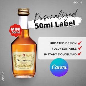 Etiqueta Cognac imprimible mini 50ml editable Personalizar, Ideas para regalar. Regalo de cumpleaños, aniversario, mini recuerdos de boda, botella de avión.