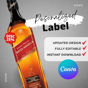 Printable JW Red Label Personalized wine liquor bottle labels editable easy to Customize,  Realistic Liquor Label.