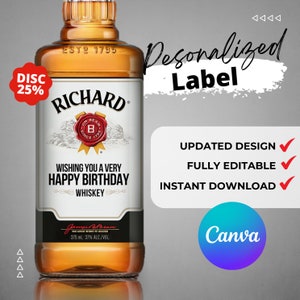 Printable Jim Whiskey Personalized wine liquor bottle labels editable Customize, Birthday Gift, Realistic Liquor Label.