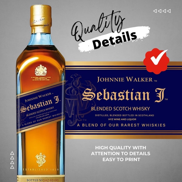 Etiqueta azul JW imprimible Etiquetas personalizadas para botellas de licor de vino editables Personalizar, Regalo de cumpleaños, Etiqueta de licor realista.