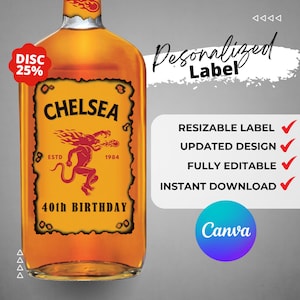 May include: A personalised label for a liquor bottle with a red and yellow design. The label features a red devil with flames, the text "CHELSEA", "ESTD 1984", and "40th BIRTHDAY". The label is customisable and can be resized and edited. The text "DISC 25%" is in a circle at the top left of the label.