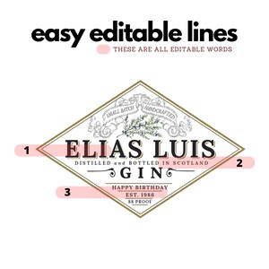 Pode incluir: Um r&oacute;tulo dourado em forma de diamante com um design vintage. O r&oacute;tulo diz "Small Batch", "Handcrafted", "Elias Luis", "Distilled and Bottled in Scotland", "Gin", "Happy Birthday", "Est. 1986", e "88 Proof".