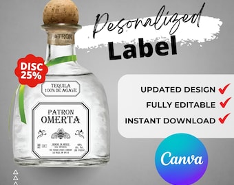 Druckbares Patron Flaschenetikett bearbeitbar Anpassen, Tequila bearbeitbares Etikett. Geburtstagsgeschenk für Patron-Liebhaber.