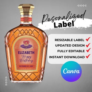 Afdrukbare aangepaste Crown Royal Peach-etiketfles | Royal Crown Royal-label getuige | Afstuderen - gepersonaliseerde bruiloften, verjaardagen