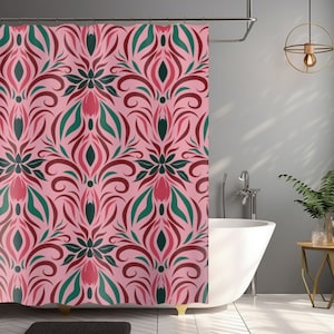 Abstract Retro Pink Shower Curtain, Unique Boho Home Decor,  Cute Long Bathroom Curtain,  Vintage House Warming Gift, Cottagecore Bath Decor