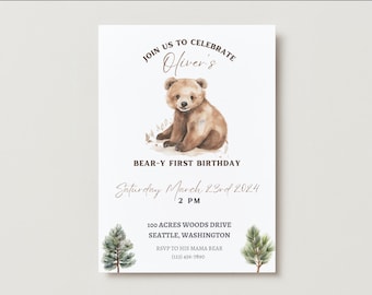 Bear-y First Birthday Digital + Electronic Invitation, Bear-y First Birthday, Bear Invitation, 1st Birthday Boy, Teddy Bear Invitation