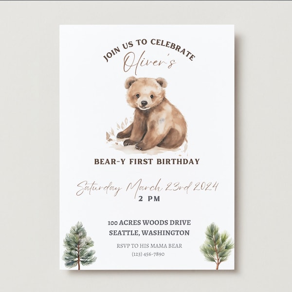 Bear-y First Birthday Digital + Electronic Invitation, Bear-y First Birthday, Bear Invitation, 1st Birthday Boy, Teddy Bear Invitation