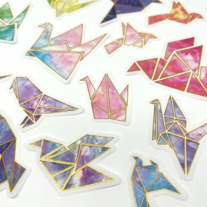 Stickers grue en origami, voeux aquarelle grue en origami, autocollants pliants en papier d'art japonais, autocollants origami pour carnet d'oiseaux