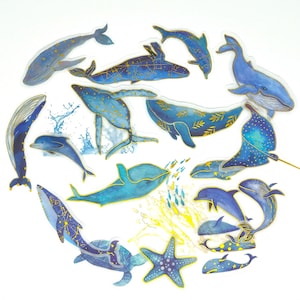 Blauwal Aufkleber, Delfin Aufkleber, Meerestiere Aufkleber, Gold Akzente Orca Aufkleber, Meeresliebhaber Aufkleber