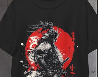 Samurai Warrior Unisex Tee, Japanese Red Moon Tee, Samurai Warrior Shirt, Asian Style Shirt, Warrior Tee