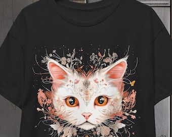 Japan Style Cat Face Unisex Tee, Japanese Fashion T-Shirt, Anthropomorphic Feline Shirt, Stylish Design Top, Cat Lover Gift