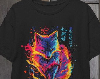 Neon Fox Unisex Tee, Japanese Kitsune Shirt, Colorful Animal Tshirt, Mystical Spirit Graphic Top, Gift for Fox Lovers, Festival Clothing