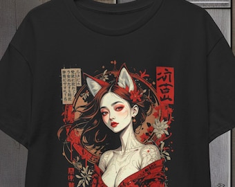 Japanese Girl with Fox Ears T-Shirt, Anime Tee, Kawaii Shirt, Manga Top, Asian Inspired Clothing