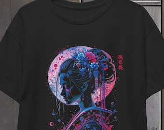 Geisha Silhouette Iridescent Unisex Tee, Japanese Art Print Shirt, Asian Culture Tshirt, Colorful Graphic Top, Rainbow Glow Cotton Tee