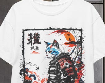 Samurai Cat Unisex Tee, Japanese Kitty Shirt, Cute Animal Gift, Kawaii T-Shirt, Samurai Cat Lover Present