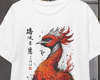 Japanese Phoenix Unisex Tee, Dadaist Graphic Tshirt, Mythical Bird Cotton Shirt, Cool Artistic Top, Unique Vintage Style Tee