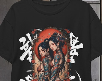 Tattooed Asian Girl Tee, Yakuza Style Unisex Shirt, Japan Tattoo Art Cotton Top, Japanese Inked Body Graphic Tshirt, Oriental Tattooed Tee