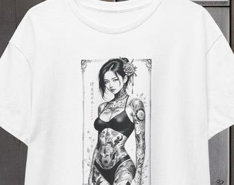 Tattooed Asian Girl Tee, Yakuza Style Unisex Shirt, Japan Tattoo Art Cotton Top, Japanese Inked Body Graphic Tshirt, Oriental Tattooed Tee