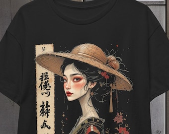 Graphic Tee, Japanese Female with Straw Hat Women's T-Shirt, Asian Art Unisex Shirt, Gift for Nature Lover, Casual Tee, Cotton Tee, Summer