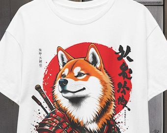 Samurai Shiba Dog Tee Shirt, Japanese Dog Lover Gift, Unisex Cotton Top, Warrior Canine Graphic T-Shirt, Animal Print Apparel