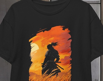 Samurai Warrior Unisex Tee, Japanese Armor T-Shirt, Black Samurai Cotton Shirt, Tall Wheat Field Bushido Top, Japan Warrior Gift, Samurai