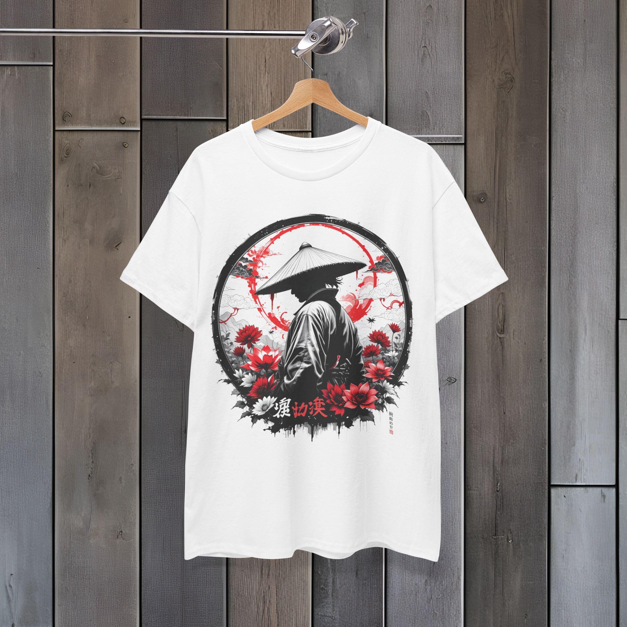 Ronin Samurai T-Shirt, Japanese Warrior Tee, Lotus Flowers, Kanji Symbols, Unisex Cotton Top
