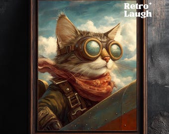 Vintage Aviator Cat, Funny Steampunk Pilot Wall Art, Oil Painting Print, Retro Pet Animal Poster for Home Decor. Gift for Cat, Kitten Lover