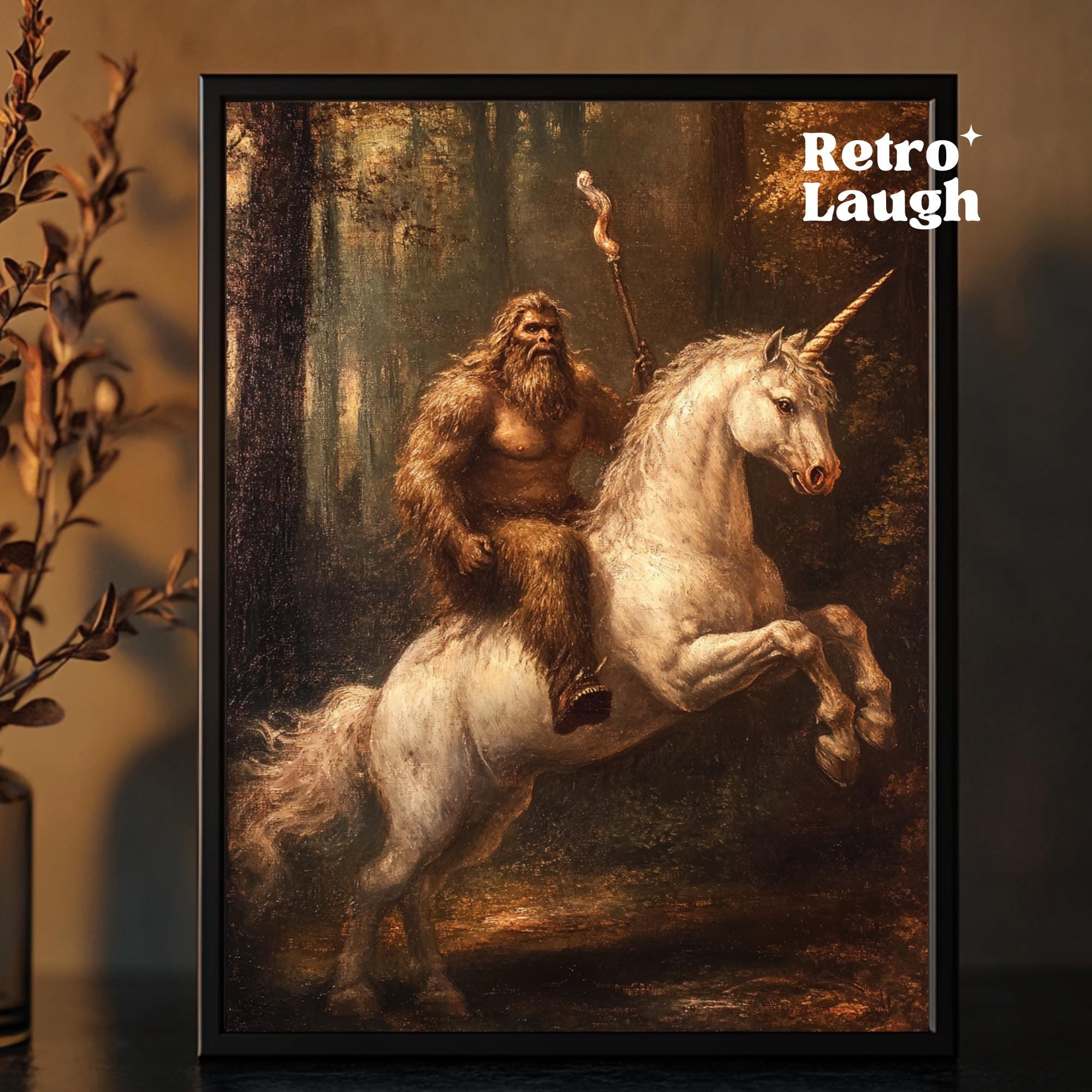 Sasquatch Riding Zebra Bigfoot Riding Unicorn, Funny Vintage Mythical Wall Art, Sasquatch Oil ...