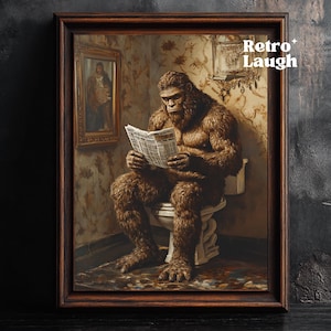 Bigfoot Reading Newspaper Funny Vintage Wall Art, Oil Painting Print, Retro Toilet Poster for Bathroom, Home Decor. Gift for Sasquatch Lover