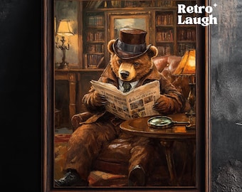 Detective Bear, Funny Vintage Wall Art, Oil Painting Print, Retro Gentleman Animal Poster for Library, Home Decor. Gift for Brown Bear Lover