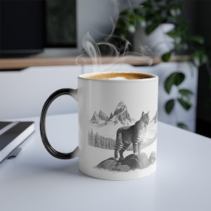 Wild Lynx Color Morphing Mug - Heat-Reactive 11oz Ceramic Gift - Nature Design with Mountain Peaks, Perfect for Wildlife Lovers, Lynx