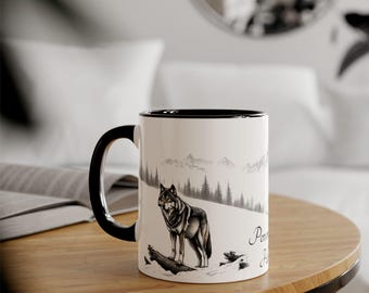 Limited Edition Double Wolves Accent Mug - Personalized 11oz Ceramic Coffee Mug - Nature Gift for Him, Son, or Husband