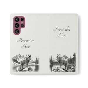 Custodia pieghevole personalizzata per telefono bianco - Design capra di montagna, custodia a libro in similpelle vegana con porta carte e funzione di supporto