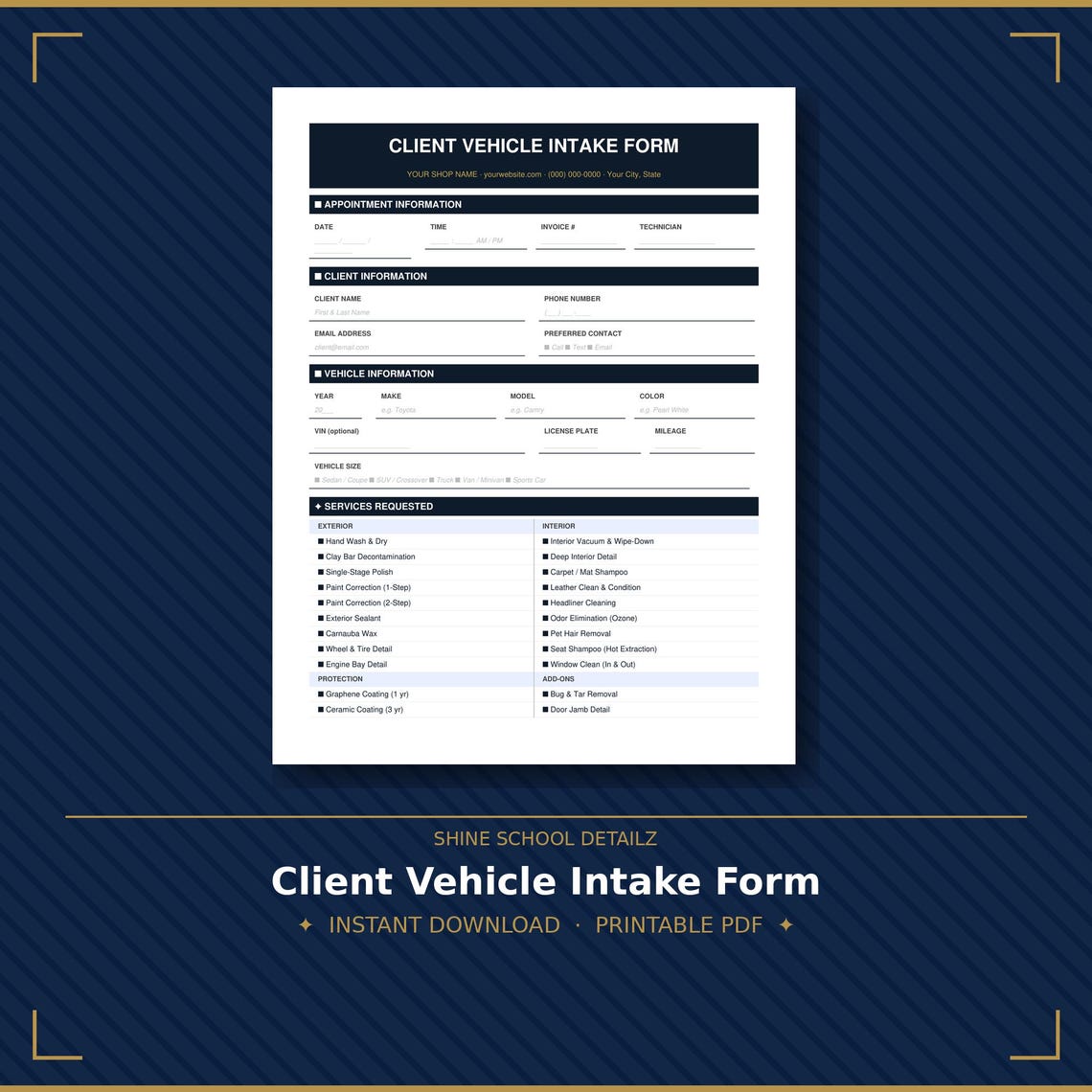 Vehicle Intake Form Example Car Detailing Client Intake Form | Vehicle Inspection Work Order (PDF ...