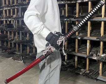 Épée katana de samouraï faite main : lame en acier T10, thème rouge