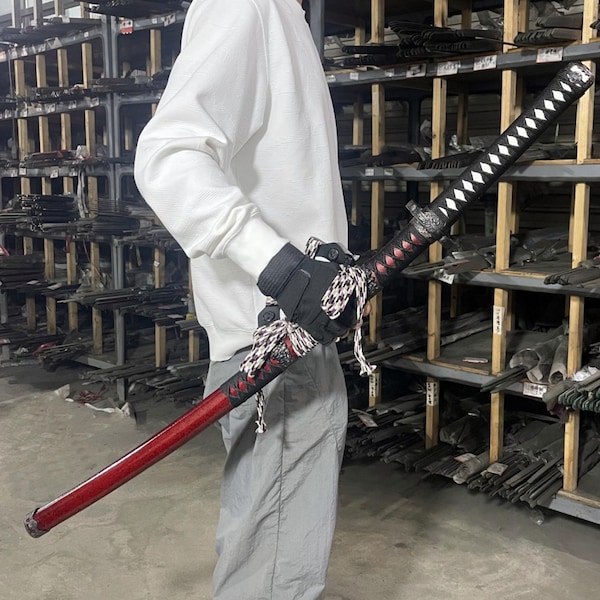 Handmade Samurai Katana Sword: T10 Steel Blade, Red Theme
