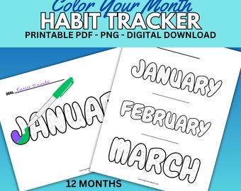 Monthly Habit Tracker | Names of the Month Coloring Printable, Habit Challenge, Goal Tracker, PDF, PNG, Letter, A4, A5, Digital Download