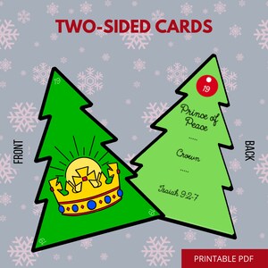 May include: Two-sided printable Christmas card featuring a green Christmas tree with a gold crown and a sunburst on the front. The back of the card features a green Christmas tree with the text "Prince of Peace", "Crown", and "Isaiah 9:2-7".