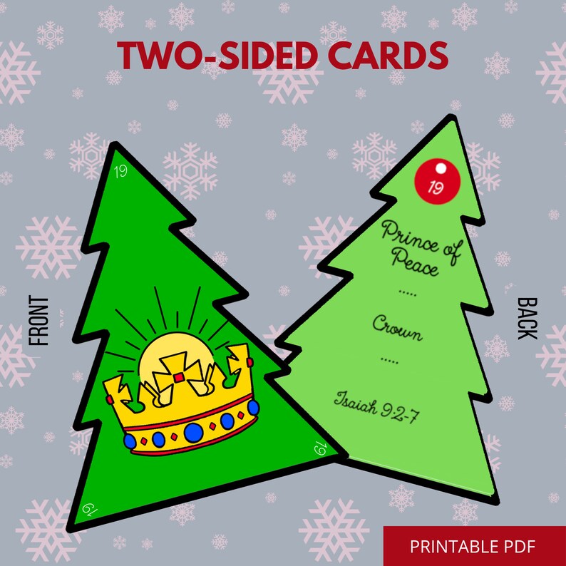 May include: Two-sided printable Christmas card featuring a green Christmas tree with a gold crown and a sunburst on the front. The back of the card features a green Christmas tree with the text "Prince of Peace", "Crown", and "Isaiah 9:2-7".