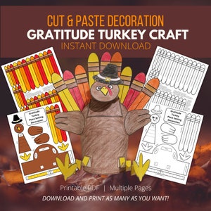 Gratitude Turkey Place Setting Decoration, Printable Thanksgiving Cut and Paste Activity for Kids, 3D Paper Craft Template