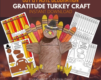 Gratitude Turkey Place Setting Decoration, Printable Thanksgiving Cut and Paste Activity for Kids, 3D Paper Craft Template