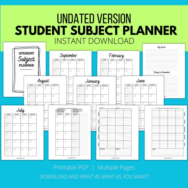 Student Subject Planner, Undated Planner for School, Printable Planner for Kids and Teens, Homeschool Planner