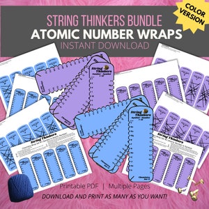 Puede incluir: Paquete de hojas de actividades de arte de cuerdas imprimibles en PDF con envolturas de números atómicos. Las hojas son de color azul y morado con el texto "String Thinkers" y "Atomic Number Wraps".
